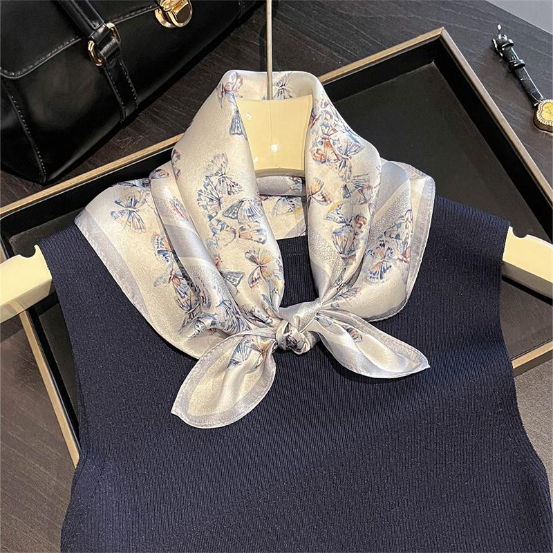 Women Butterfly Pattern Really Silk Scarf for Gift Bandana Square Scarves Kerchief Mulberry Silk Bag Wrap Handle Tie Headband