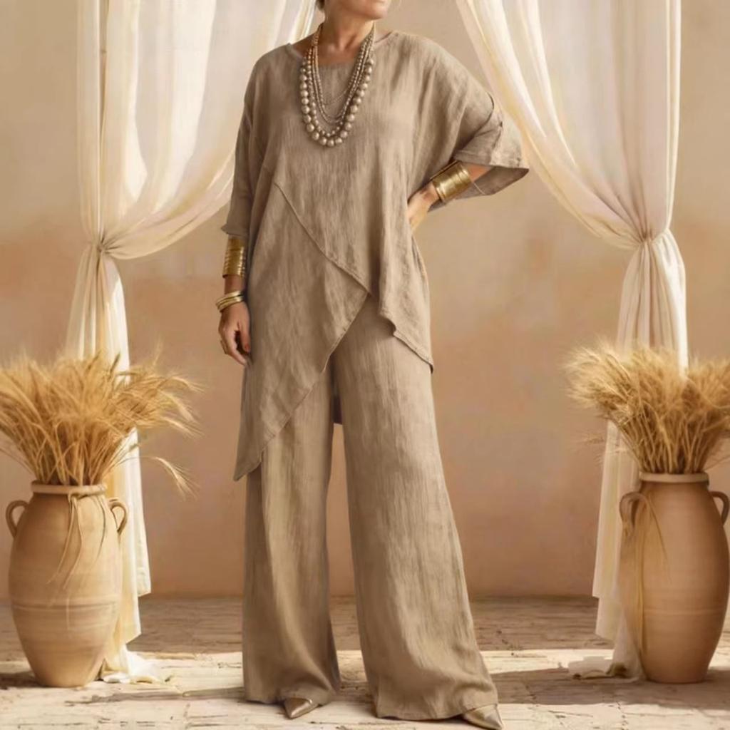 Dámský lněný dvoudílný set Asymetrický top & Široké kalhoty Ležérní letní outfit