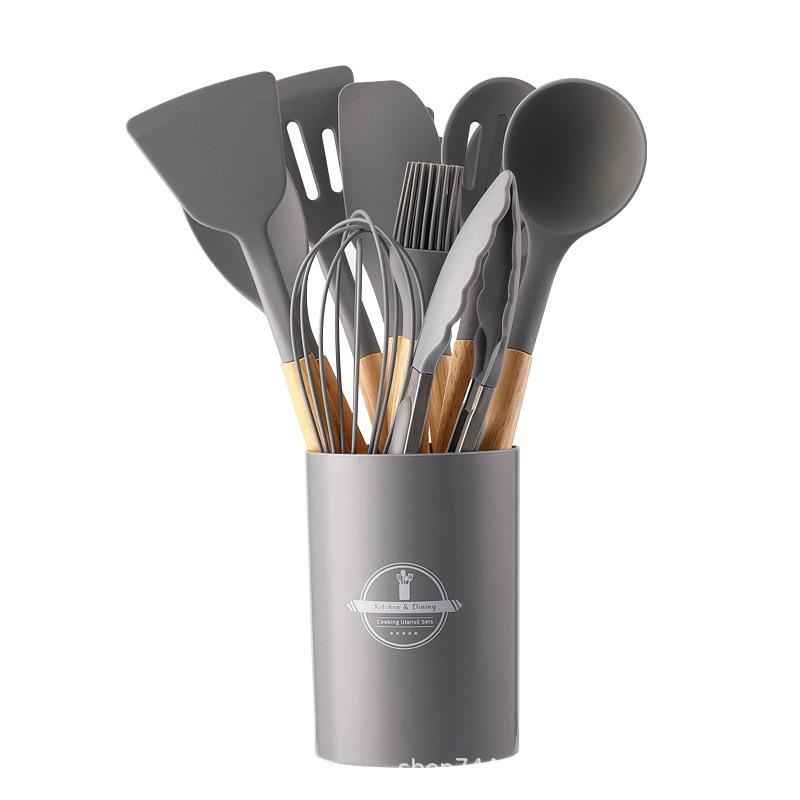 Set da 12 Pezzi di Utensili da Cucina in Silicone con Manici in Legno - Set Spatola e Cucchiaio