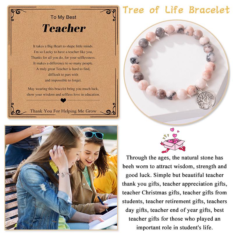 Teacher's Day Gift: 8mm Pink Zebra Stone Bracelet with Tree of Life Pendant