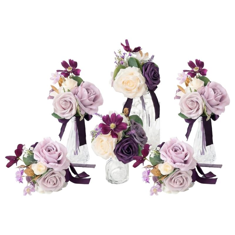 6Pcs Wedding Bouquets with Ribbon for Bride and Bridesmaid Realistic Artificial Rose Flower Bouquets Photography Tool