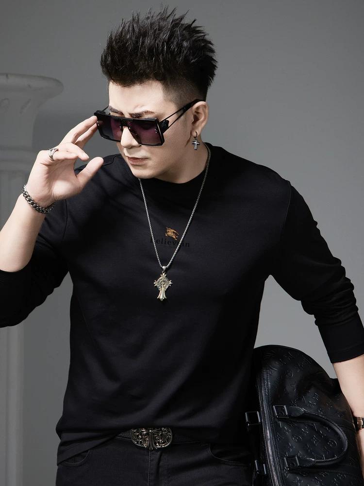European Style Trendy Printed Round Neck Base Shirt Men's Long-Sleeve T-Shirt 2025 New Autumn Casual Top Tee