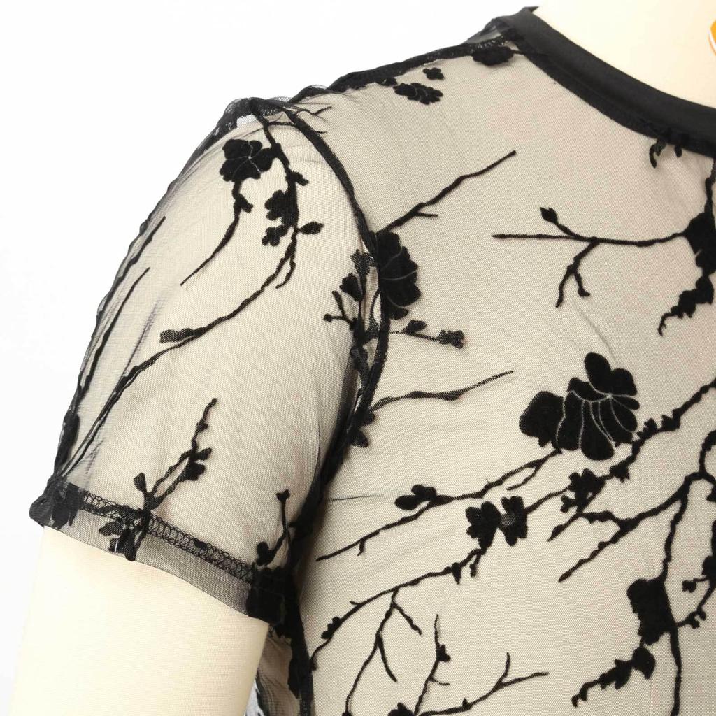 T-shirt da uomo estiva nuova con design floreale, floccata, girocollo, rete trasparente, manica corta sottile