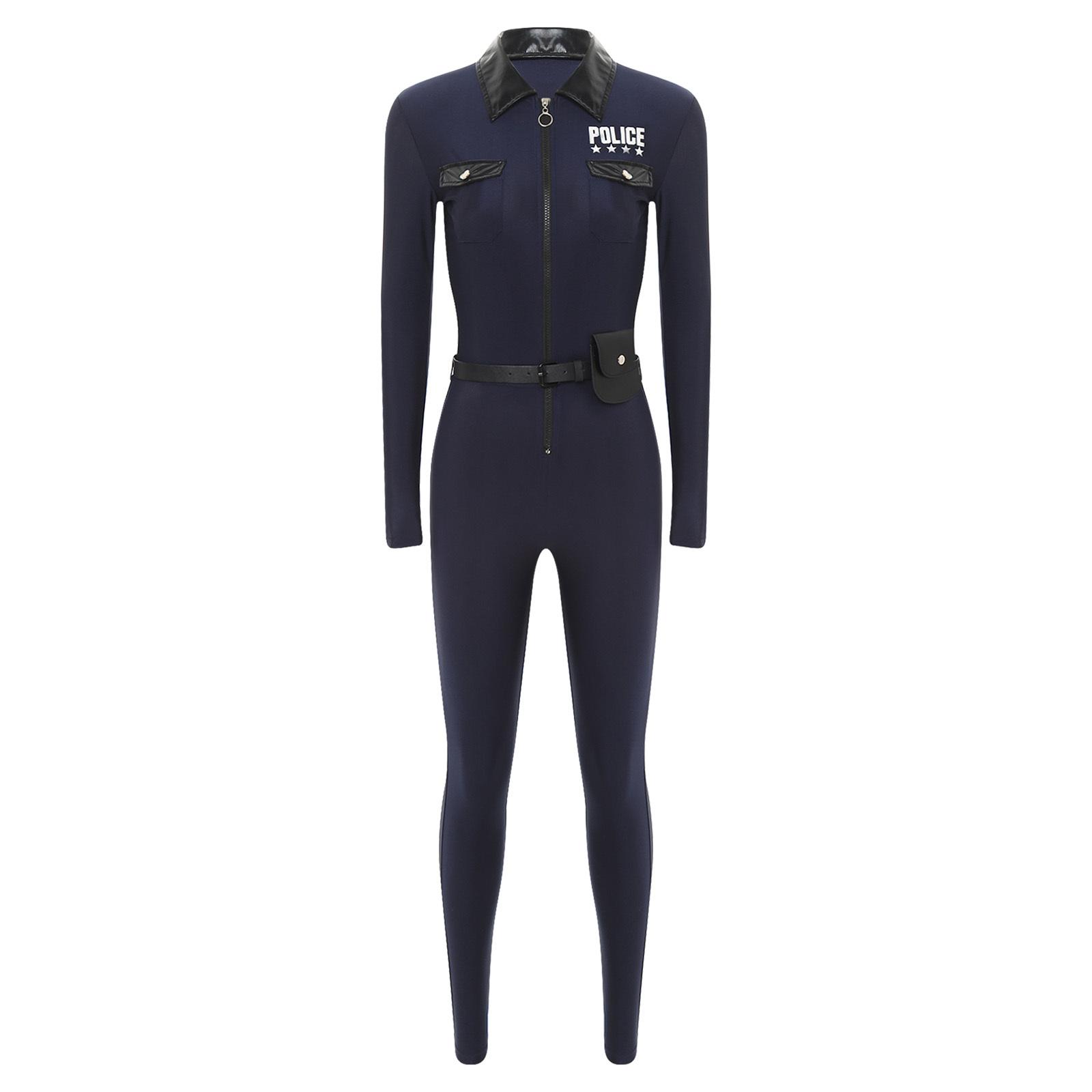 

Жіночий костюм поліцейської для косплею з лацканами, довгим рукавом, боді на блискавці, уніформа, пояс, набір з гаманцем M темно-синього кольору
