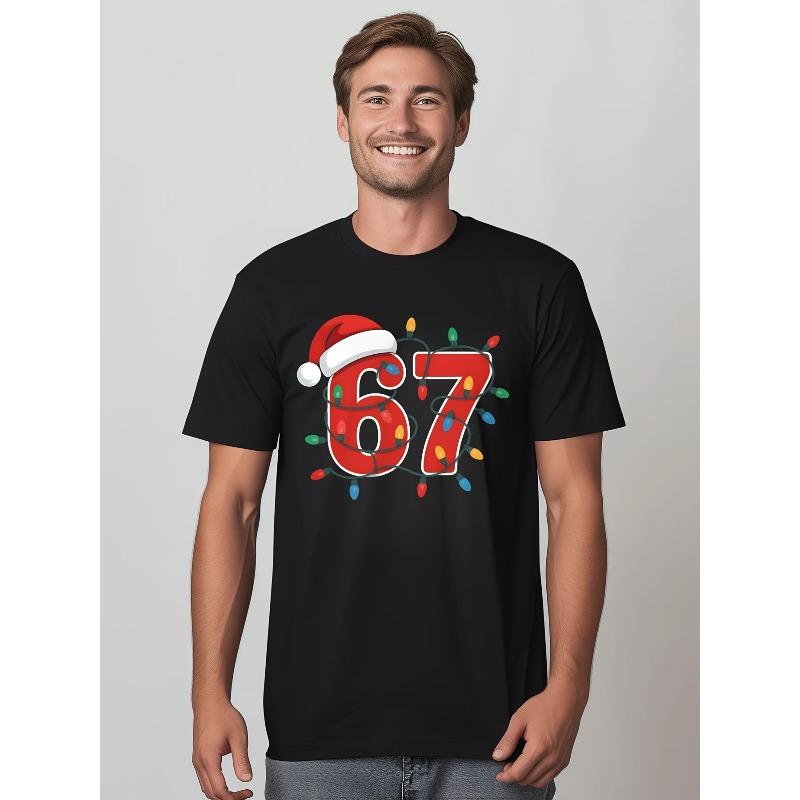 

Men S Christmas T-Shirt with Design Number 67 - Featuring a Christmas Hat And Snowflake Print, This Short-Sleeve Round-Neck Casual Shirt, Comfort 4XL чорний