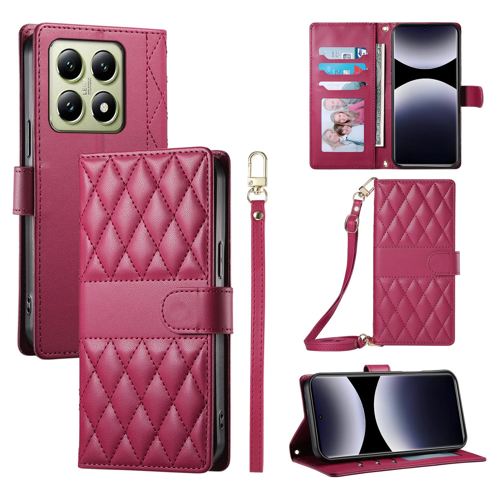 

For Xiaomi 14T Case Rhombus Stitching Wallet Stand Leather Phone Cover with Long/Short Strap Red
