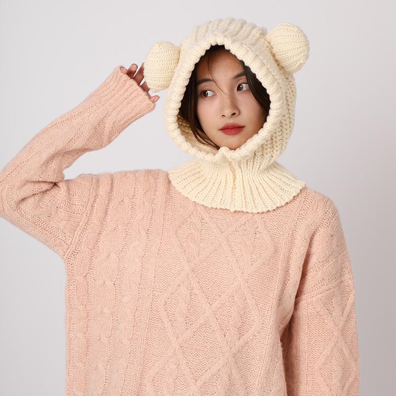1PC Y2K Winter Warm Knit Balaclava Hat Women Cute Bear Warm Beanie Hooded Scarf Beanie Hat Skull Cap Collar Neck Cover Pullover