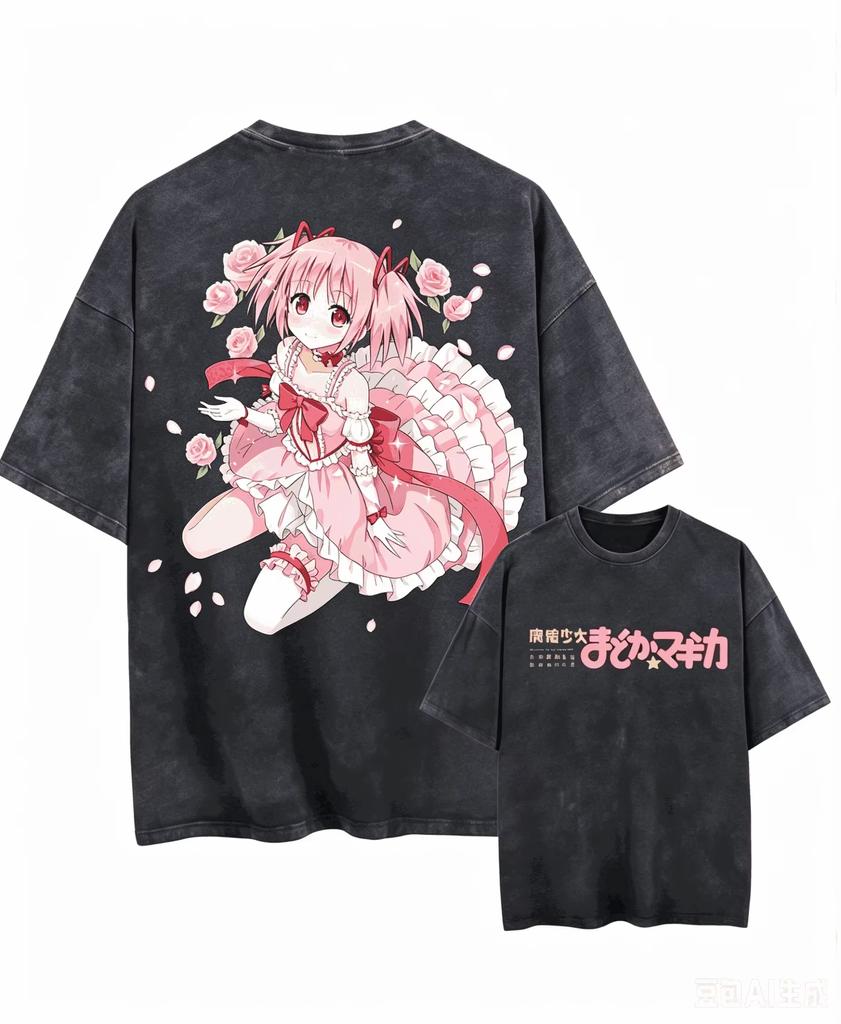 T-shirt Unisex Girocollo Manica Corta Stampa Grafica Lavata Stile Harajuku Puro Cotone Neutro Puella Magi Madoka Magica