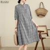 ZANZEA Women Plaid Print Casual Round Neck Loose Half Sleeve Dress
