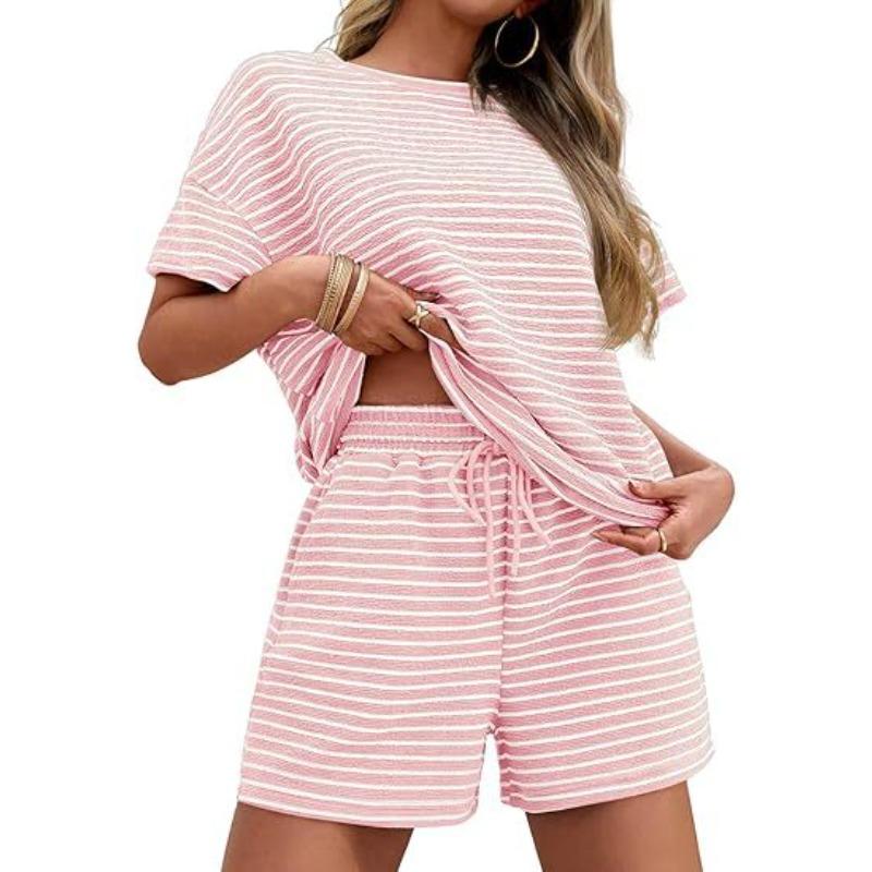 Women Striped Two Piece Outfit, Short Sleeve Top and Shorts Set, Fashion Casual Outerwear Summer Matching Suit