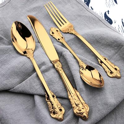 Conjunto de Talheres Vintage de Aço Inoxidável Banhado a Ouro 24 peças Facas de Jantar Garfos Colheres de Chá Conjunto de Louça de Jantar de Luxo Talheres Gravados