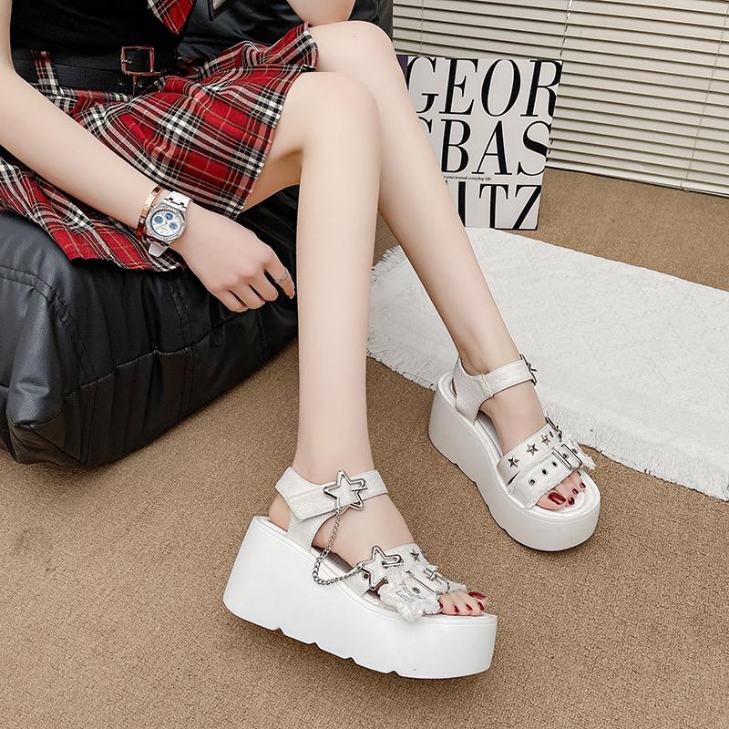 Fashion 9CM Punk Gothic Platform Canvas Shoes Open Toe Buckle Strappy Summer Sexy Rivets Thick Heels Footwear Gladiator Sandals Women
