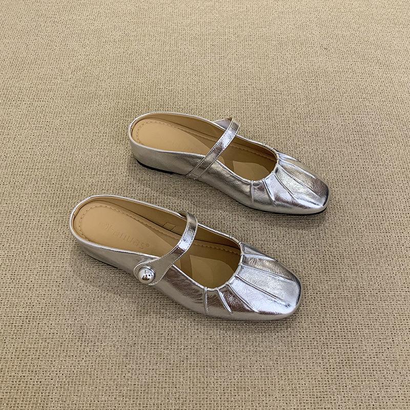 

Женские полутапочки летние ленивые полушлепанцы универсальные с мягкой подошвой квадратный носок одинарная обувь 40 серебряный