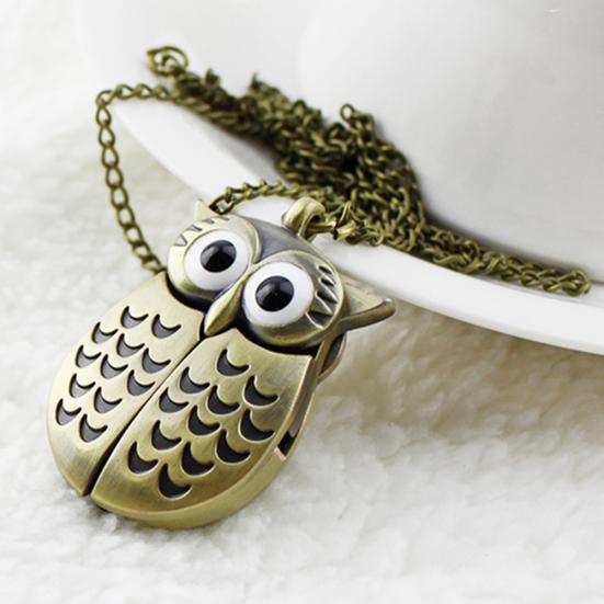 Retro Owl Shape Pendant Analog Pocket Watch Chain Necklace Unisex Jewelry Gift