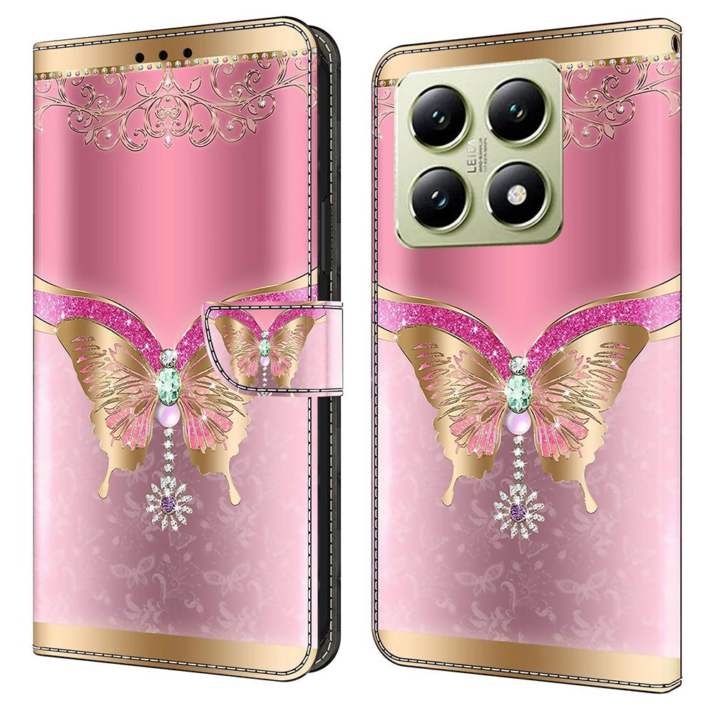 

For Xiaomi 14T Case 3D Pattern PU Leather Wallet Phone Cover with Stand Pink/Gold Butterfly