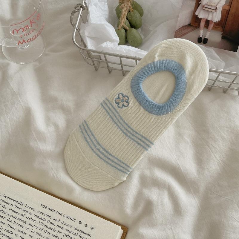 Small Floral Striped Women's Invisible Socks, Breathable Summer Lightweight Short Socks, Pure Cotton, Anti-slip, No Heel Coming Off.