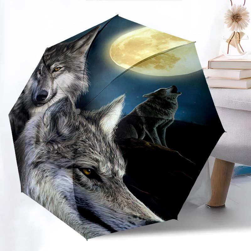 

1PC wolf theme Umbrella Portable Folding Umbrella Iron Frame Hole Bone Structure Outdoor Home Umbrella A15