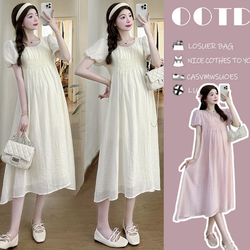 2026 Summer Sweet Puff Sleeve Maternity Dress - Slimming, Loose, and Belly Covering