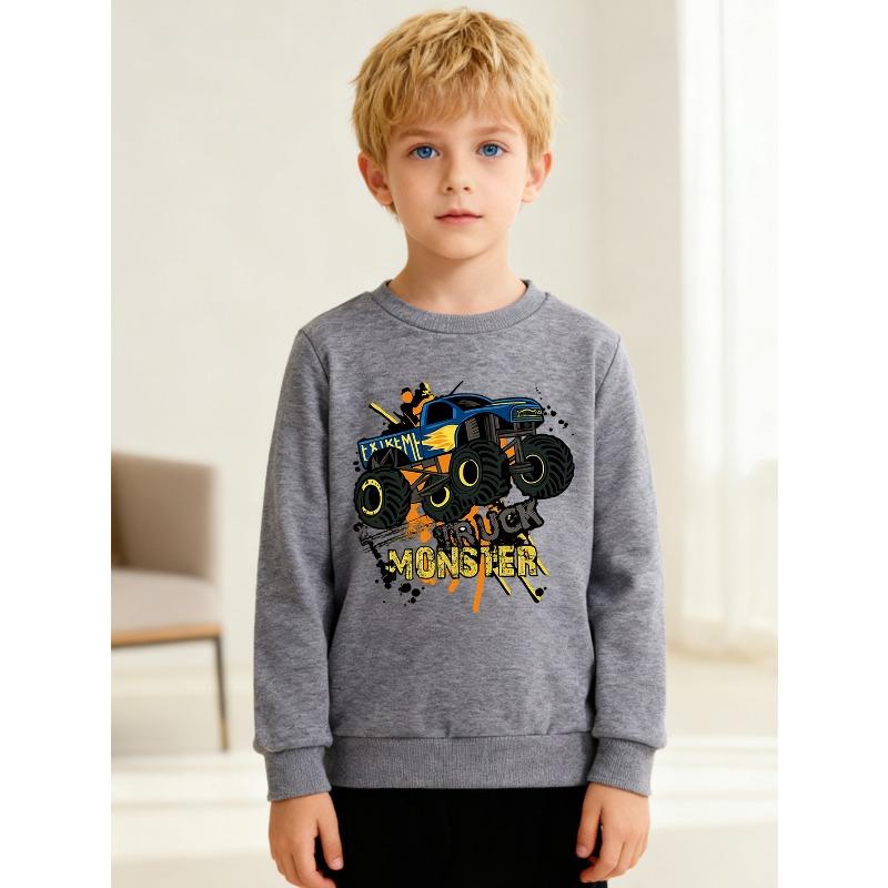 European sizes Kids' Fashion Round-neck Pullover, Long-sleeved Top, Featuring a Letter Truck Print, Suitable for Casual Wear and Outdoor Activities