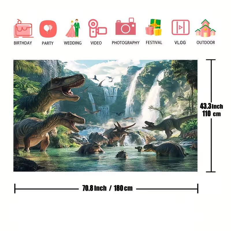 Prähistorische Dinosaurierfamilie Kulisse Dschungel-Wasserfall-Szene Hintergrundtuch für Kindergeburtstagsparty