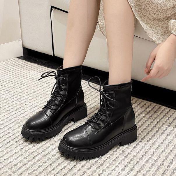 Fashion versatile and comfortable women's boots thick heel heightening short boots autumn and winter 2025 autumn and winter new British lace-up Mart