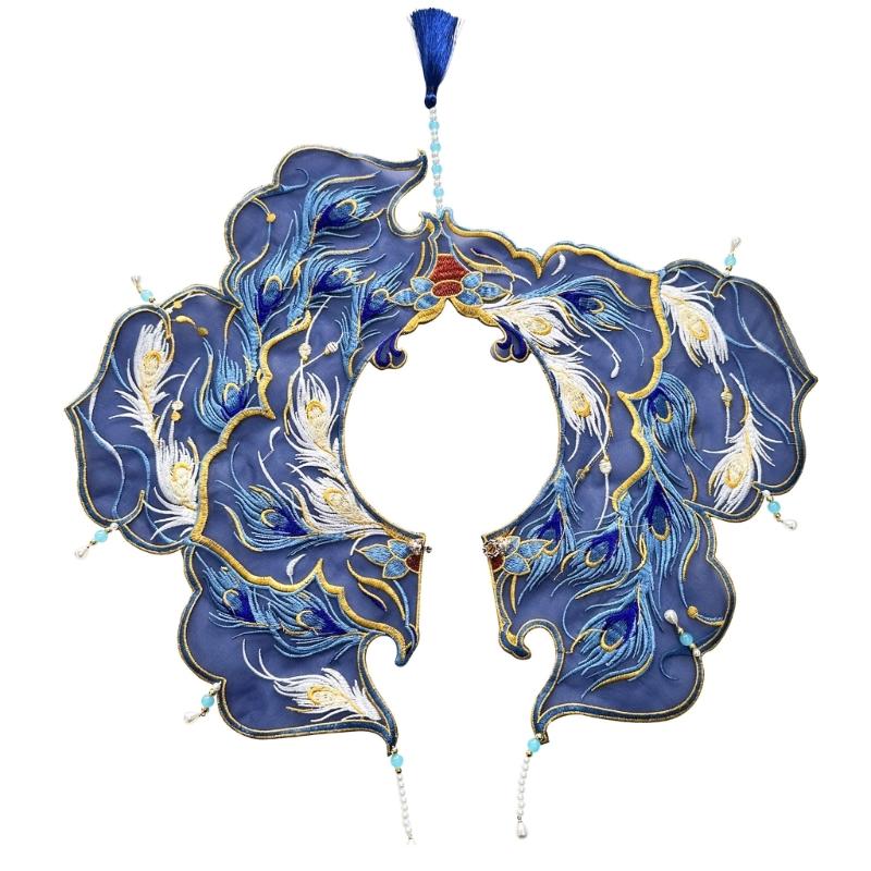 

Традиционный китайский винтажный бисерный кисточный ложный воротник с вышивкой, перьями, асимметричная накидка-шаль юньцзянь 1 синий