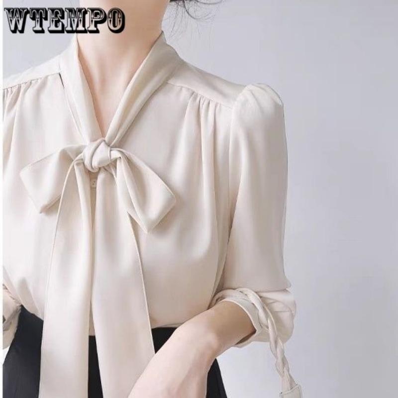 Women's Bow Satin Long Sleeved Shirt Women's Professional Temperament Ribbon Shirt