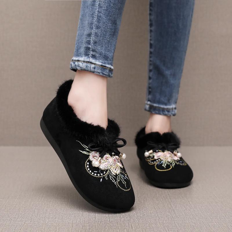 Womens Embroidered Fleece Lined Warm Ethnic Style Casual Flat Cloth Shoes