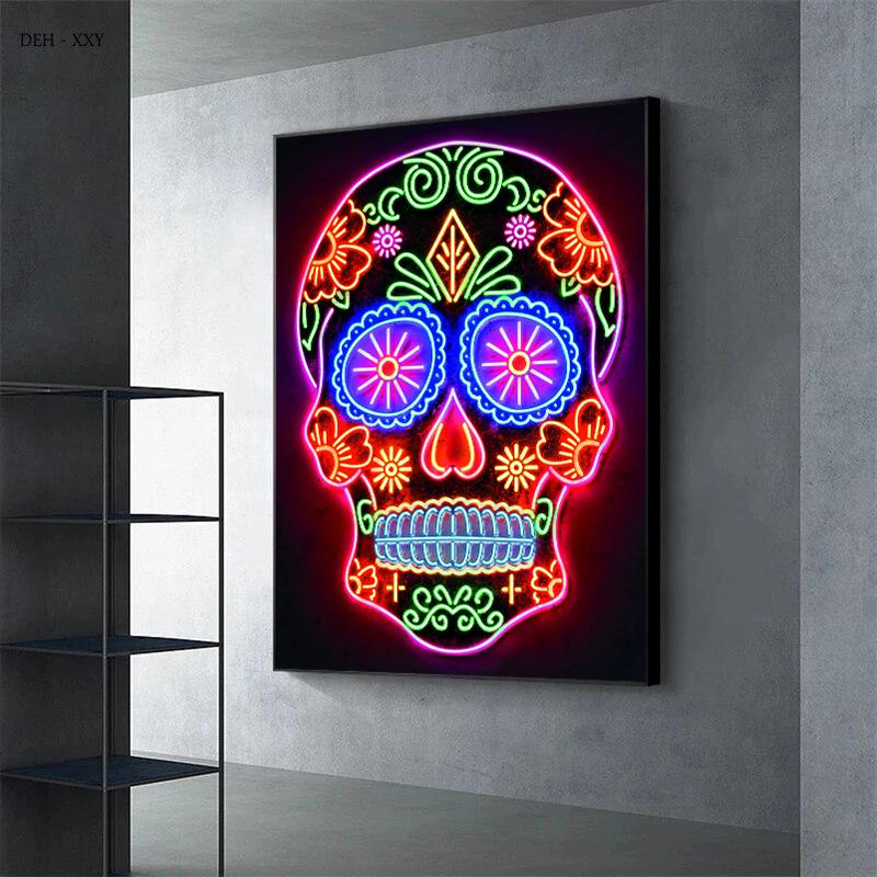 Neon Wall Art Skull Head Posters Day of The Dead Canvas Print Painting Pop Street Wall Art Picture for Home Bar Room Decor