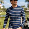 Men's casual round neck long sleeve T-shirt with khaki and white horizontal stripes, soft and breathable sports fit autumn street top