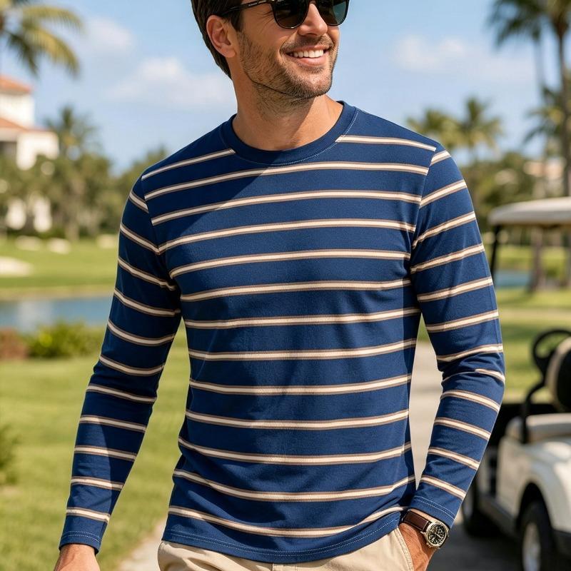 Men's casual round neck long sleeve T-shirt with khaki and white horizontal stripes, soft and breathable sports fit autumn street top