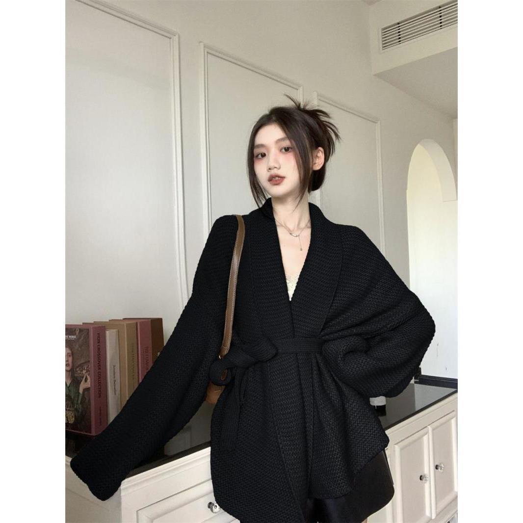 

Женский кардиган большого размера с французским воротником - Весенне-осенний вязаный топ с поясом S (80-95 lbs)