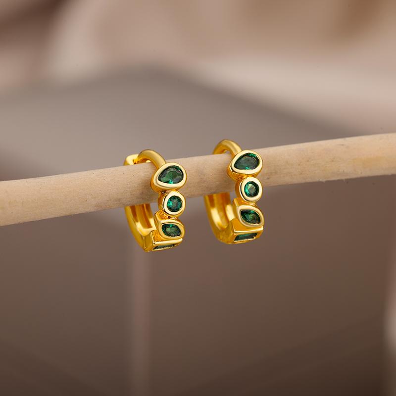 Cute Minimalist Zircon Green Hoop Earrings For Women Stainless Steel Small Circle Ear Button Earrings  Jewelry