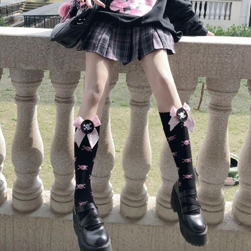 Cotton Calf Socks Lolita Bows Skeleton for Head Knee High Socks Thigh High Loose Stockings for Student Girl Ladies Women