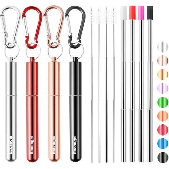 Cruise Ship Essentials,4-Pack reble Collapsible Stainless Steel Drinking Straws with Aluminum Case,Cleaning Brush,and Keycha-Silver,Blue,Red,Green
