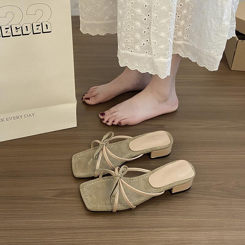 

Coarse-heeled sandals for women s summer wear, new bow-tie thin strap open-toed low-heeled suede temperament cool slippers 40 телесный