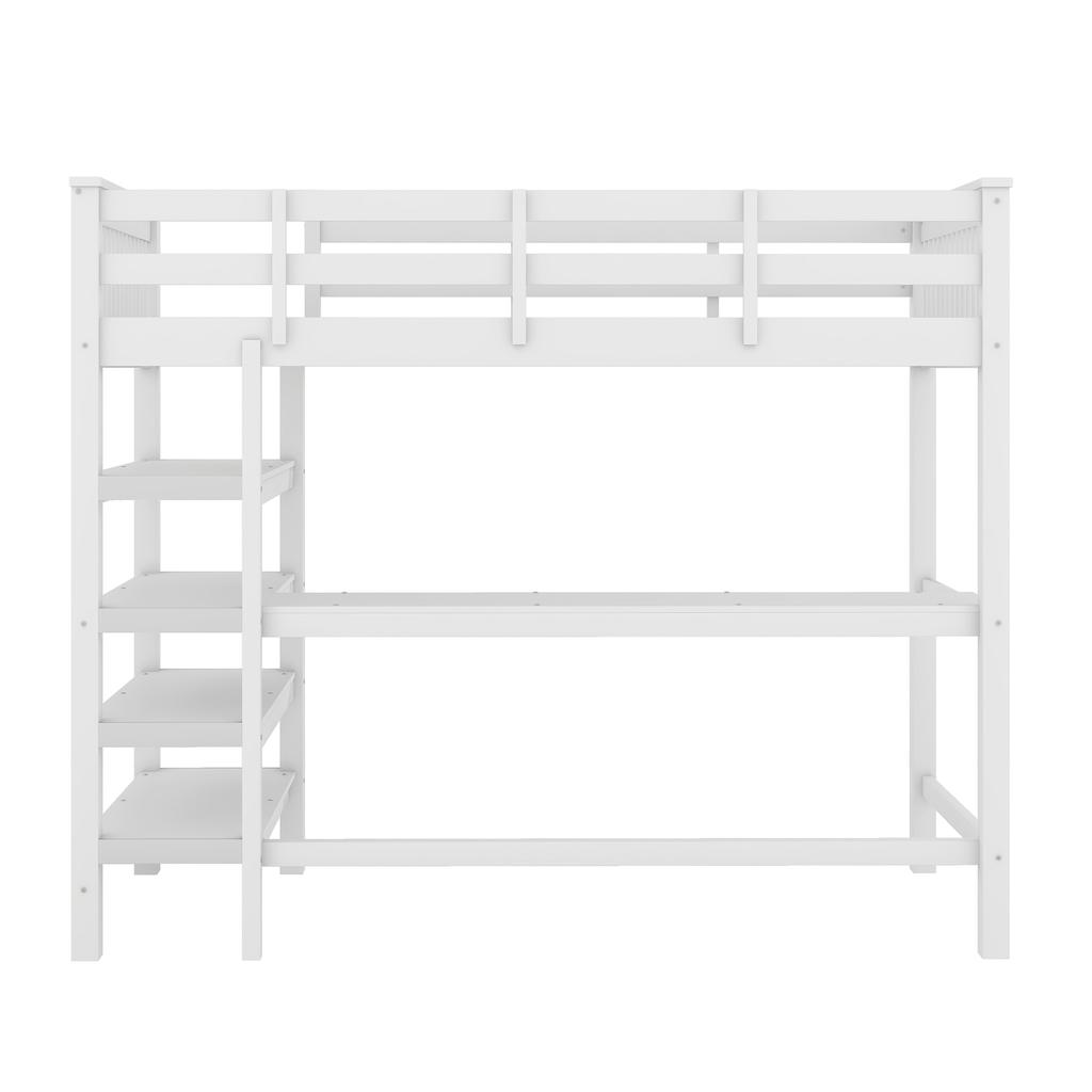 Hochbett, 90 x 200, Kinderhochbett mit Staufächern und Schreibtisch darunter, Ohne Matratze, Weiß