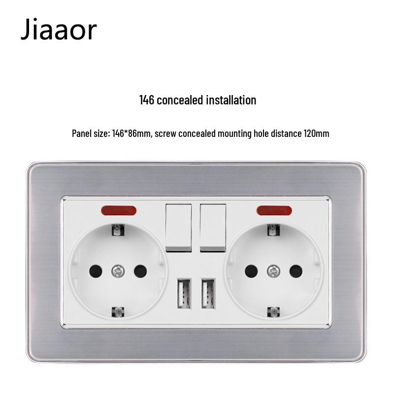 Padrão Europeu Tipo 86 Painel de Interruptor e Tomada de Parede Duplo em Aço Inoxidável com USB-C, Estilo Alemão, Montagem de Parede Embutida.