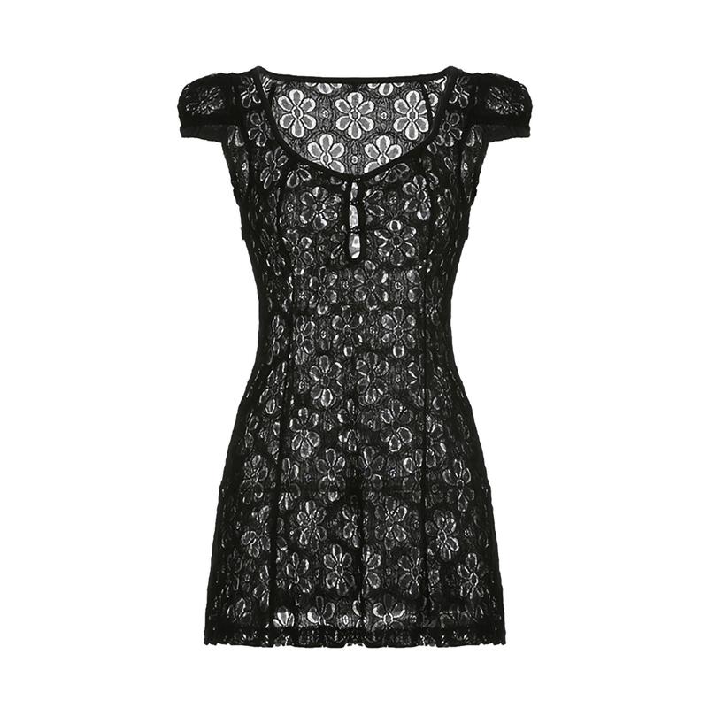 

Мини кружевное платье летнее женское прозрачное платье А-силуэта с короткими рукавами и V-образным вырезом на пуговицах Клубная одежда S