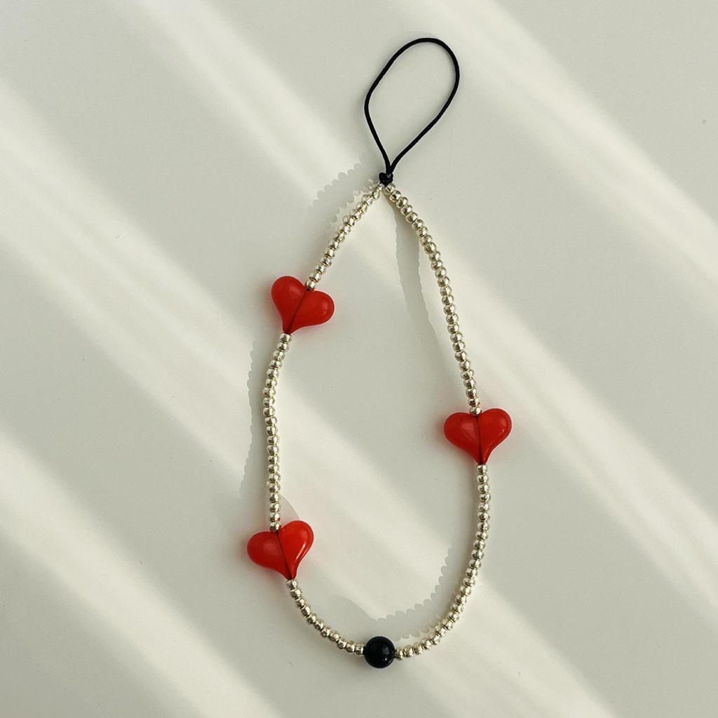 Korean Rosé Phone Lanyard: Black Heart & Peach Beaded Wrist Chain