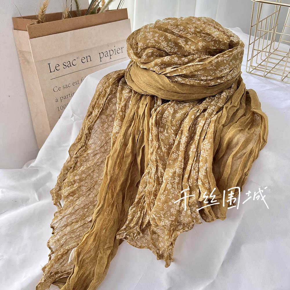 Vreovor New Retro Artistic Pleats Thin And Versatile Shawl Small Floral Scarf Gauze Japanese Style Popular Lazy Style