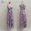2026 summer new French V-neck light blue tulip print sleeveless long dress