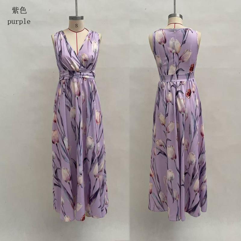 2026 summer new French V-neck light blue tulip print sleeveless long dress