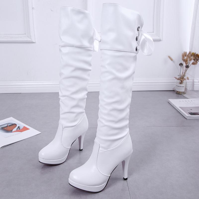 Fashion 9.5 CM Women's Fashion Sexy Thin Heel Knee High Long Boots Classics Autumn Winter PU Panel Rear Tie Boots Platform Shoes