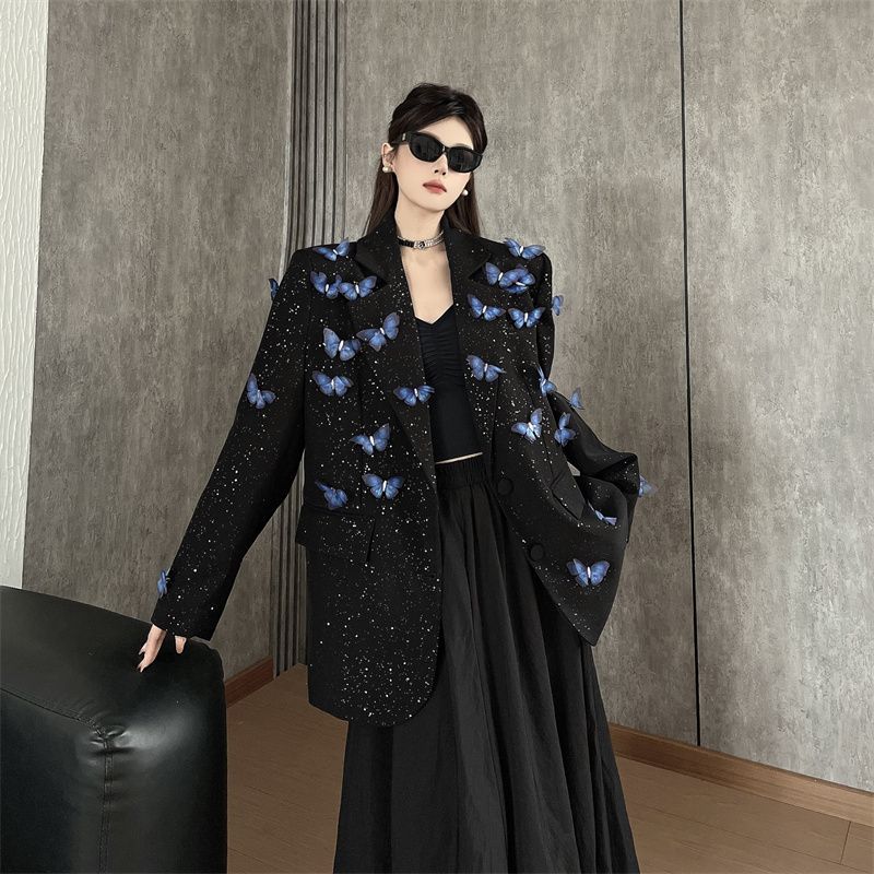 Niche Design Shiny Detachable Butterfly Black Blazer for Women Spring Autumn Loose Padded Shoulder Casual Suit Outerwear