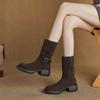 Krazing Pot Cow Suede Nubuck Pleated Decoration Autumn Winter Shoes Chunky Heels Size 43 Size 42 Round Toe Zipper Retro Fashion Mid-calf Boots