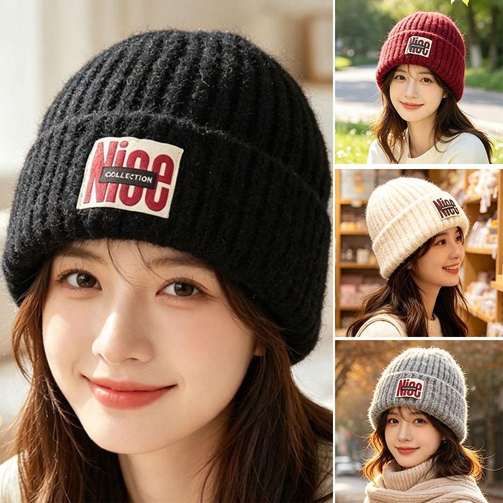 Letter Embroidery Knitted Woolen Hat Thickened Ear Protection Hat Fashion Skullies Cap Winter
