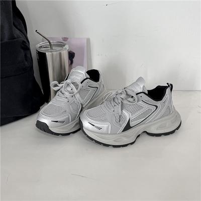 Women's Spring and Autumn New Genuine Thick Sole Mesh Casual Shoes Silver Fashion Sports Shoes