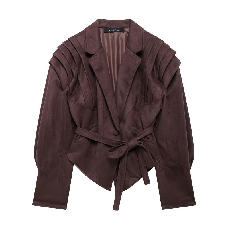 Womens Fall Faux Suede Jacket - Slim Fit Lace-Up Waist V-Neck Street Style