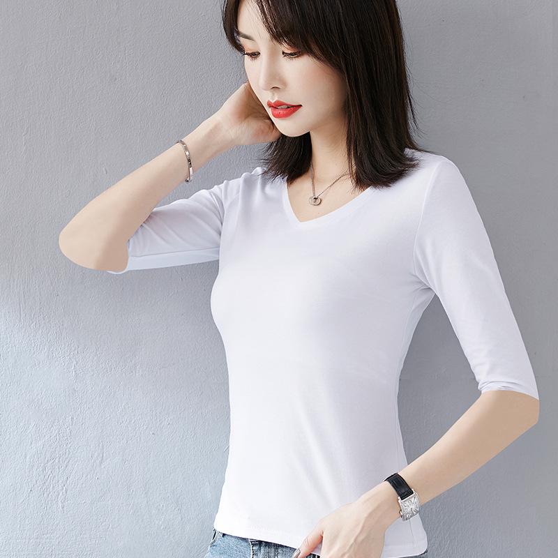 Women's Pure Cotton Three-Quarter Sleeve Slim Fit Mock Neck T-Shirt for Spring and Autumn 2022